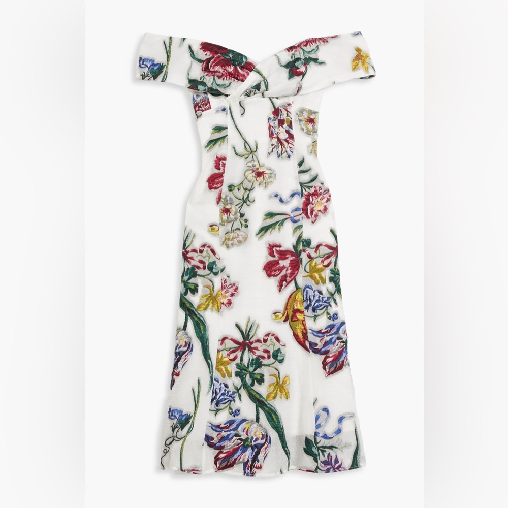Marchesa Notte Off-the-Shoulder brocade midi dress